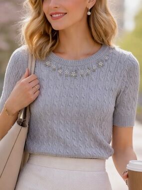 Elie Tahari Gray Embellished Cable Knit Sweater Short Sleeve Puff Top L
